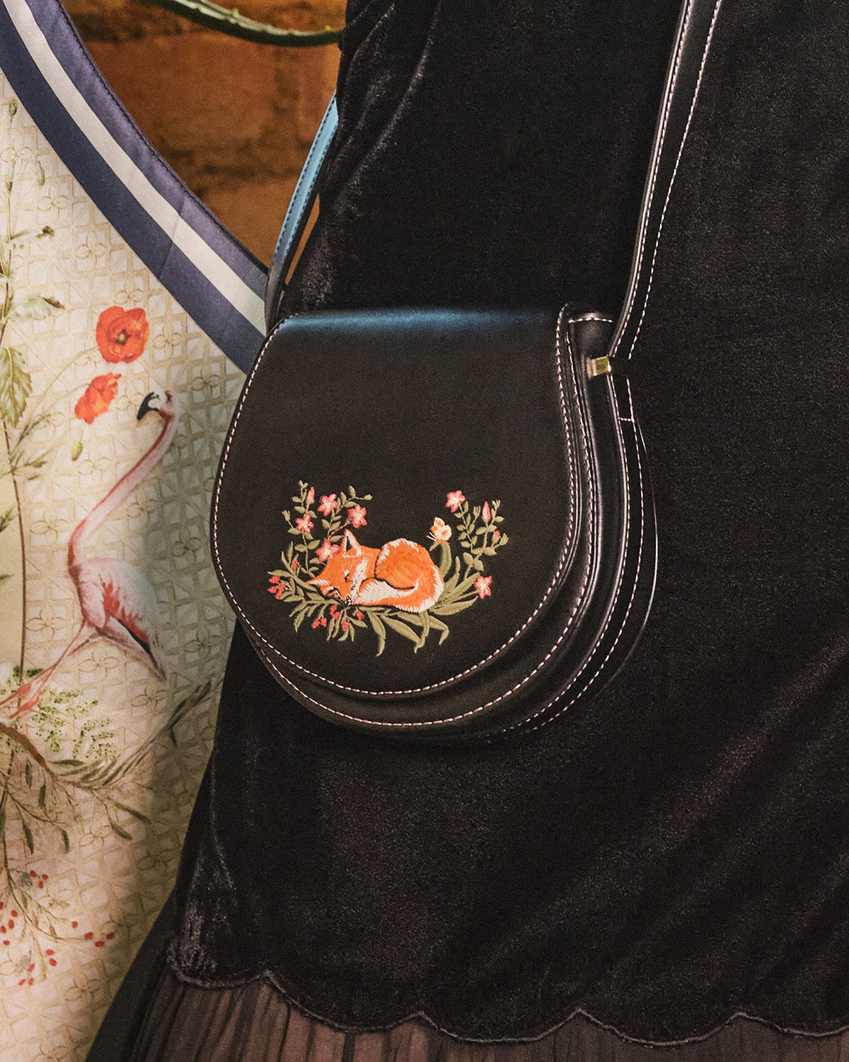 Black Linen Bag With Bird Ribbon Embroidery