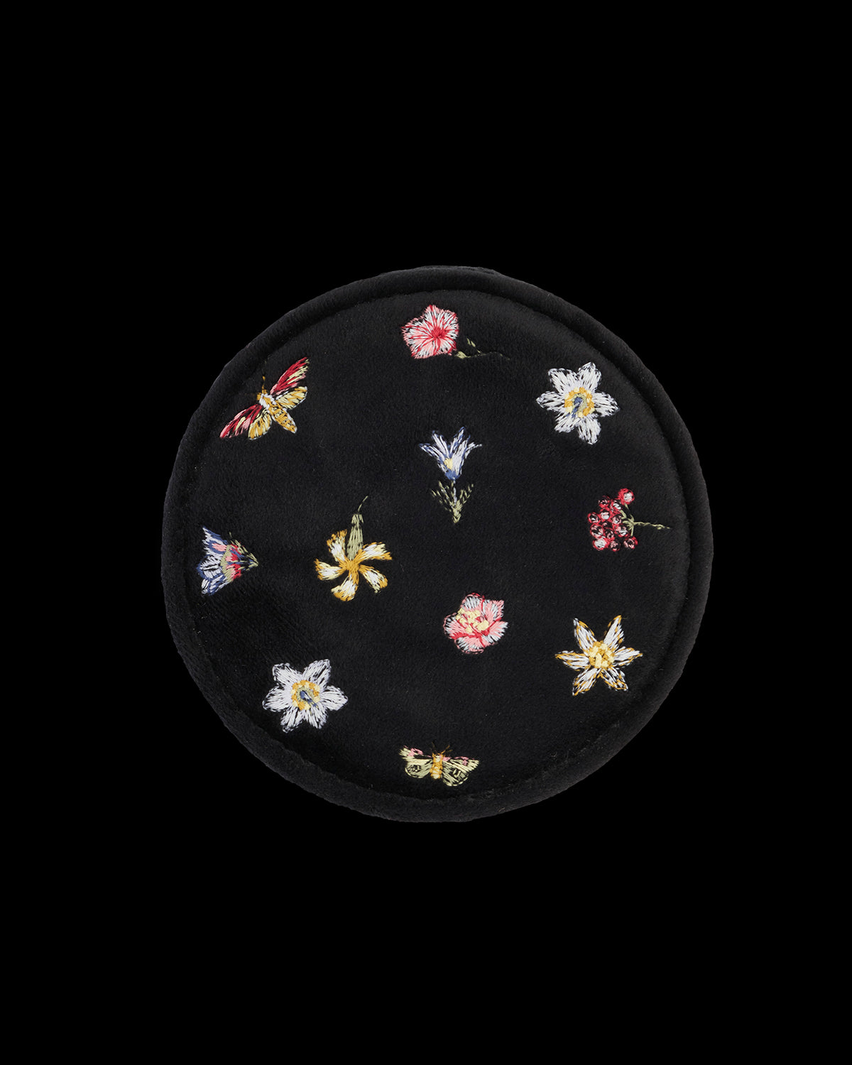 フローラル ディッツィ 刺繍入り ブラックベルベット ラウンドジュエリーボックス