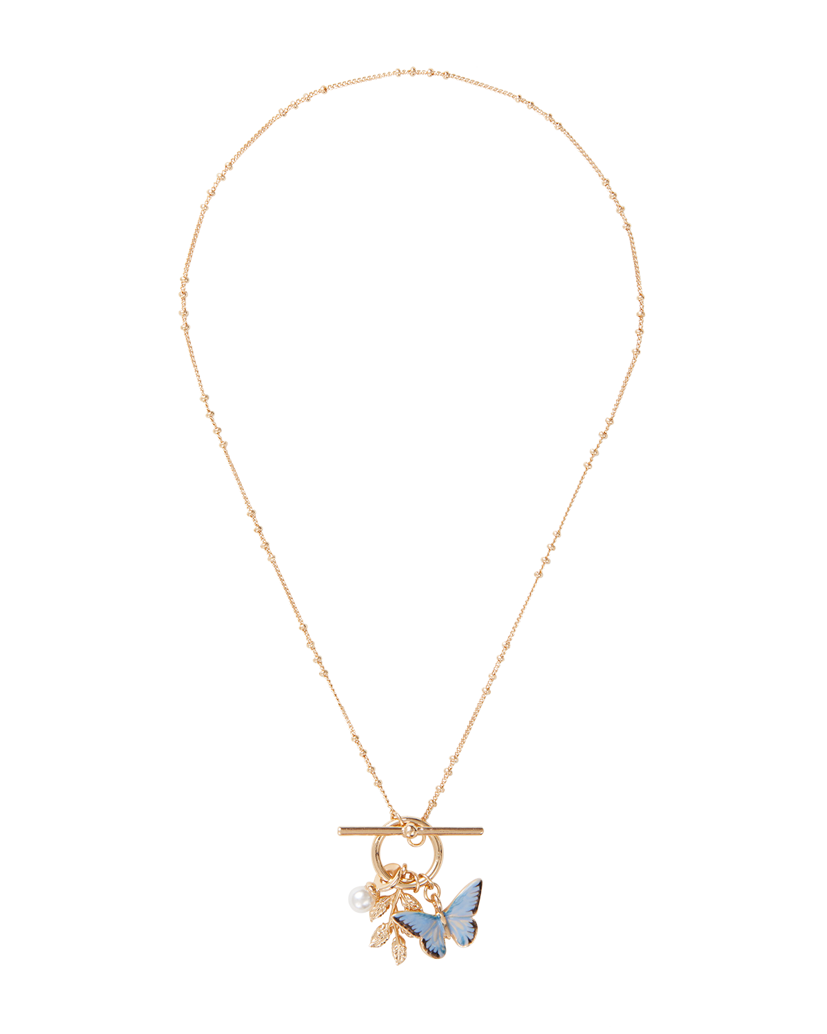 Collar Charms Hoja & Perla & Mariposa Esmaltada Azul