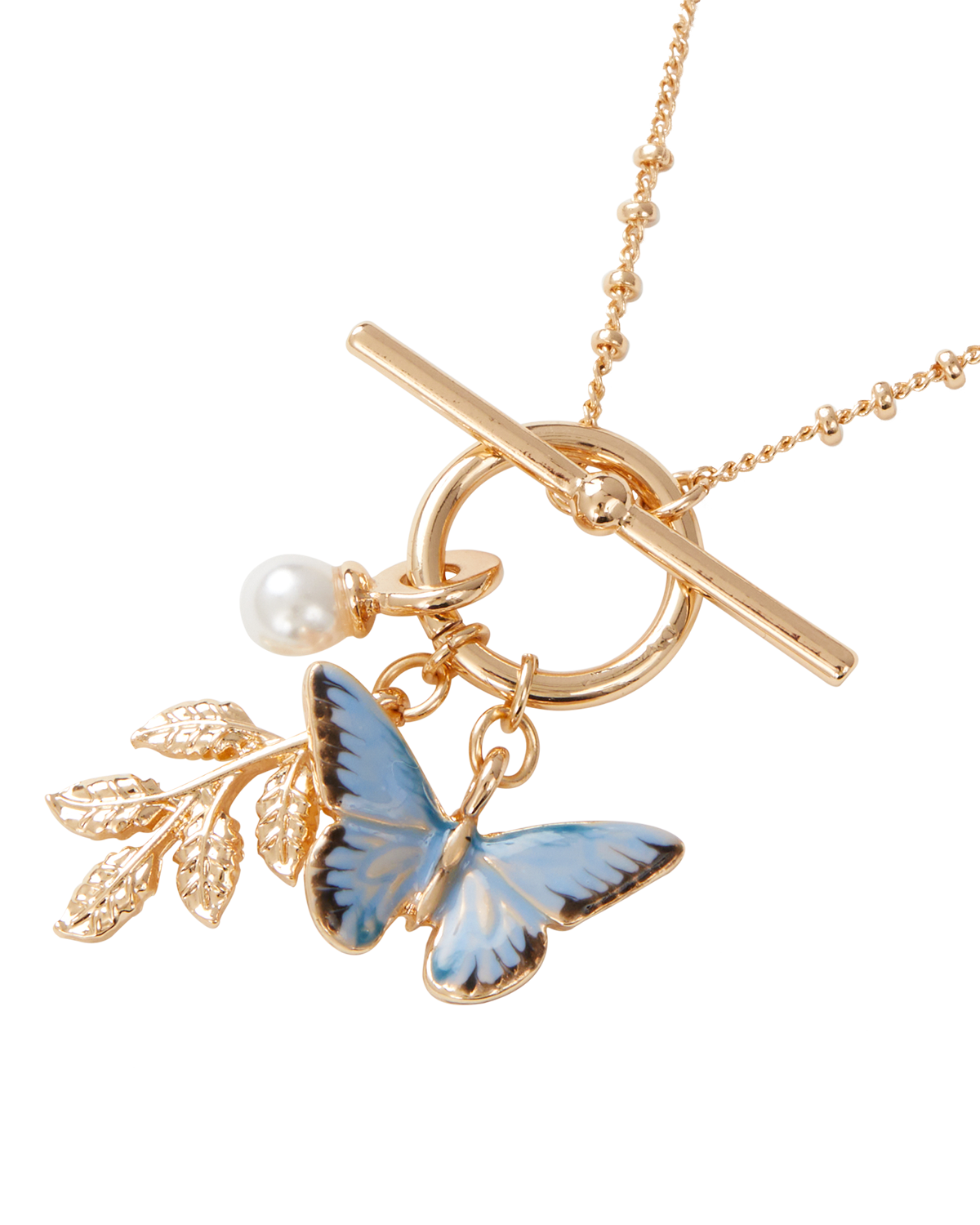 Enamel Blue Butterfly & Leaf Charm Necklace