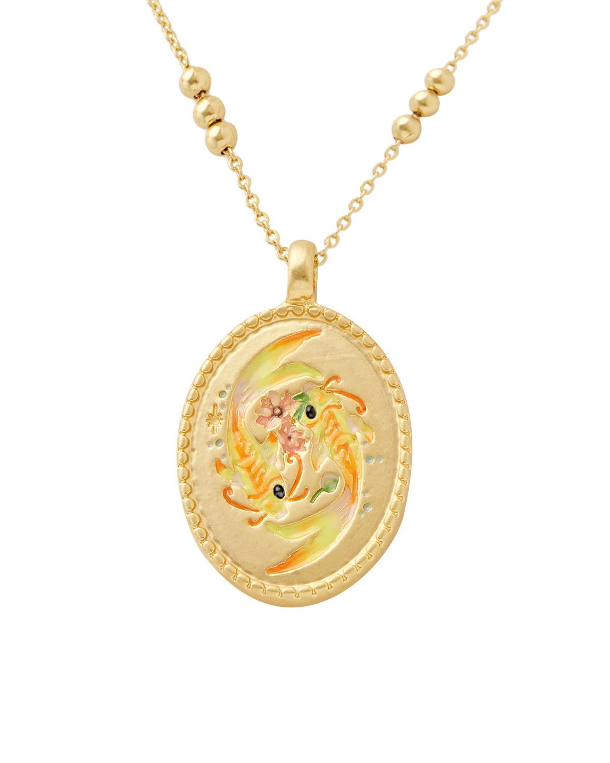 Gold Pisces necklace with a round pendant featuring a design of a mouse and flowers on a white background.