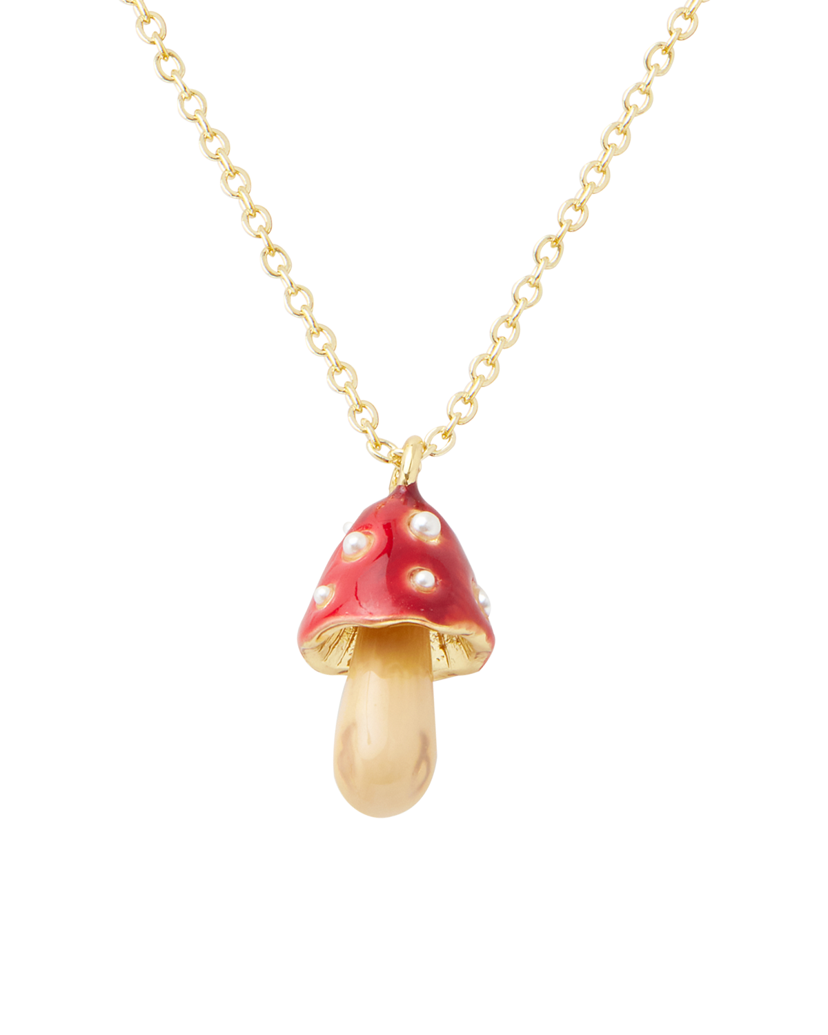 Mushroom-shaped pendant necklace on a gold chain against a white background