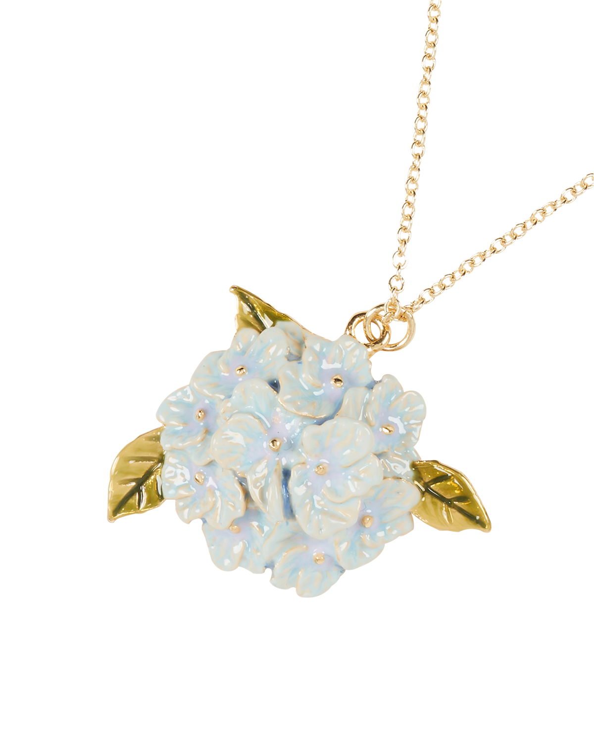 Collar dorado con charm de hortensia en esmalte