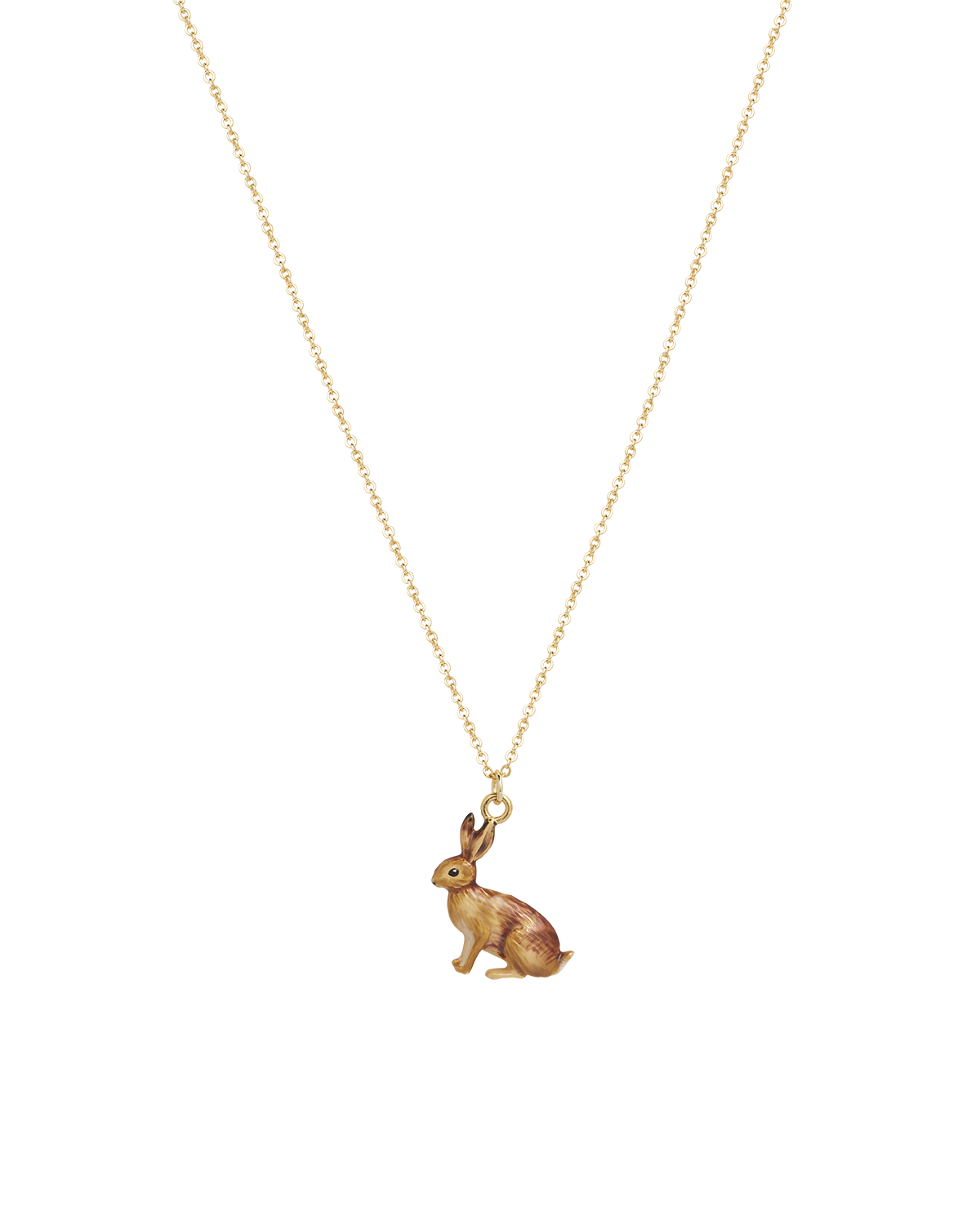 Gold necklace with a rabbit pendant on a white background