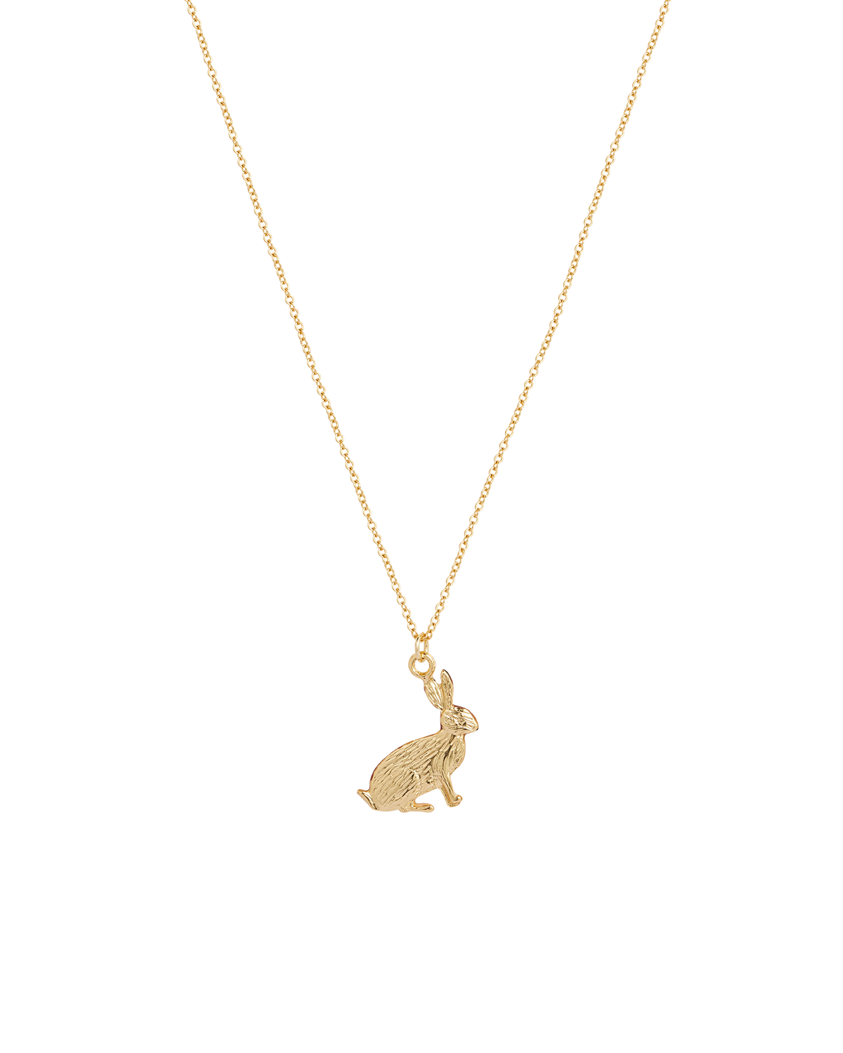 Gold necklace with a rabbit pendant on a white background