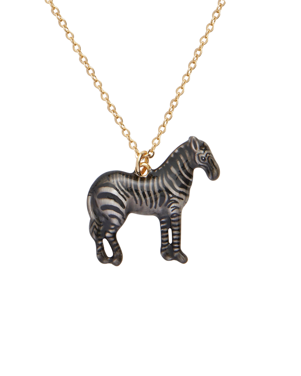 Zebra-shaped pendant on a gold chain against a white background