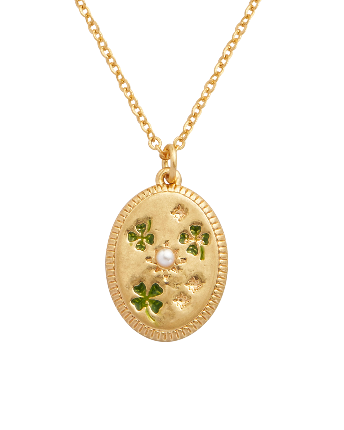 Gold necklace with a decorative pendant featuring green leaves and a pearl on a white background