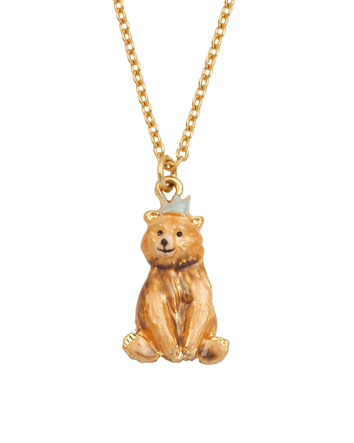 Gold necklace with a bear pendant on a white background