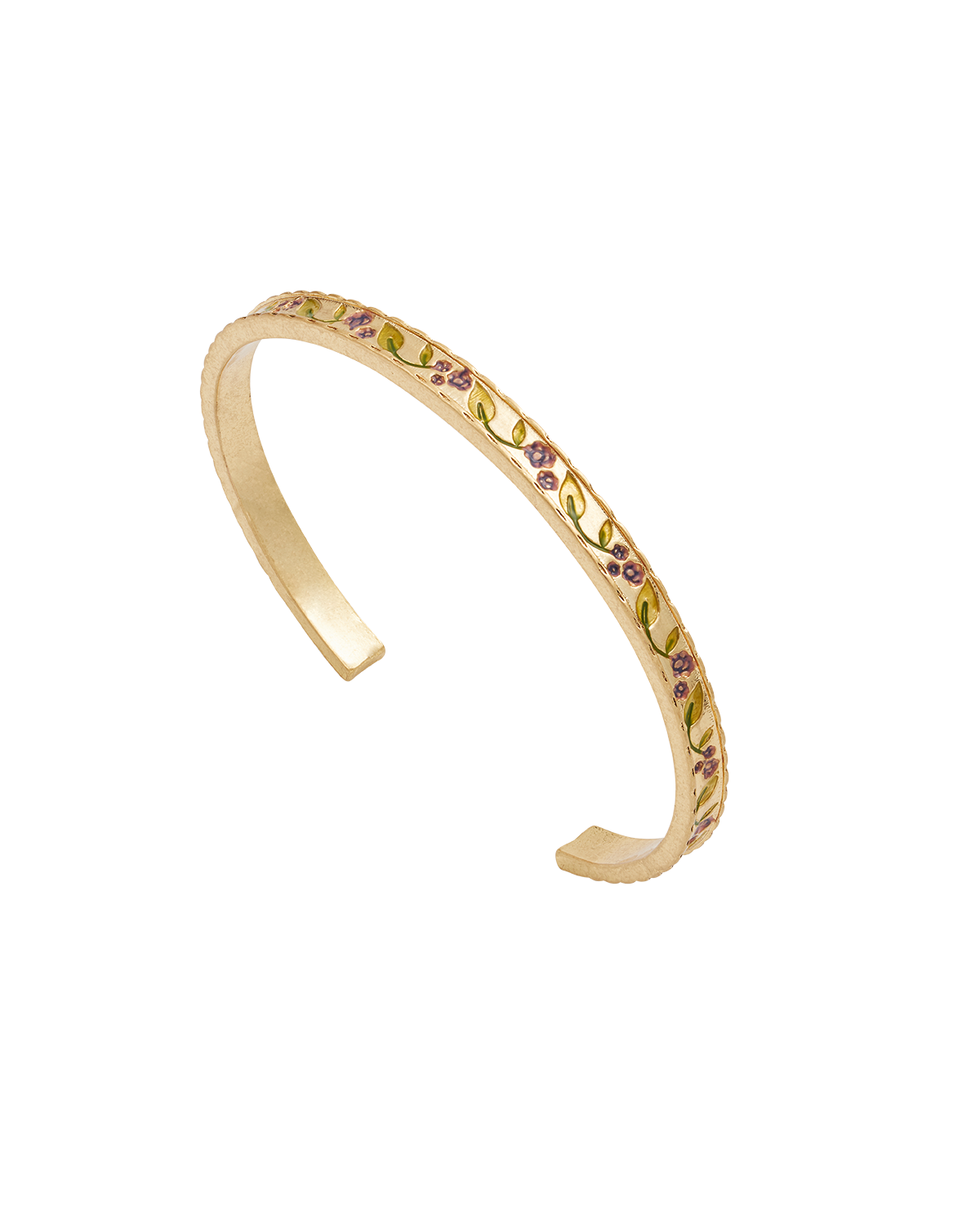 Gold bangle with floral design on a white background