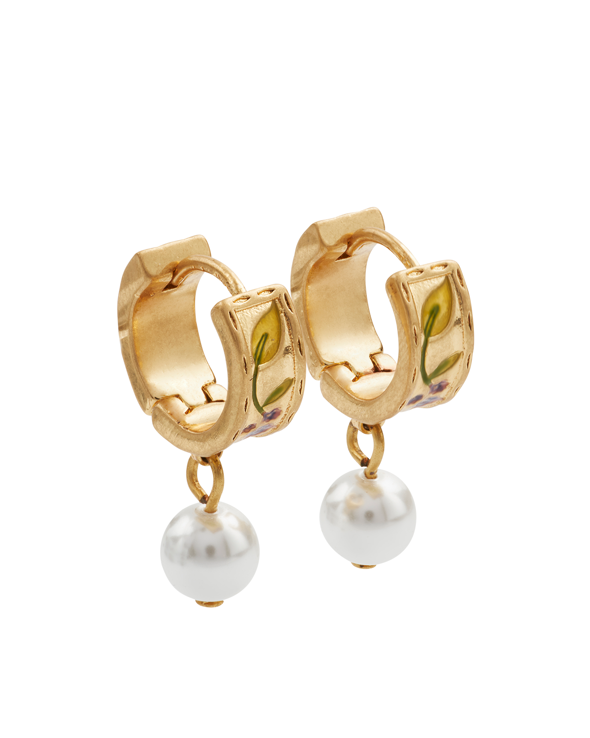 Gold hoop earrings with pearl drops on a white background
