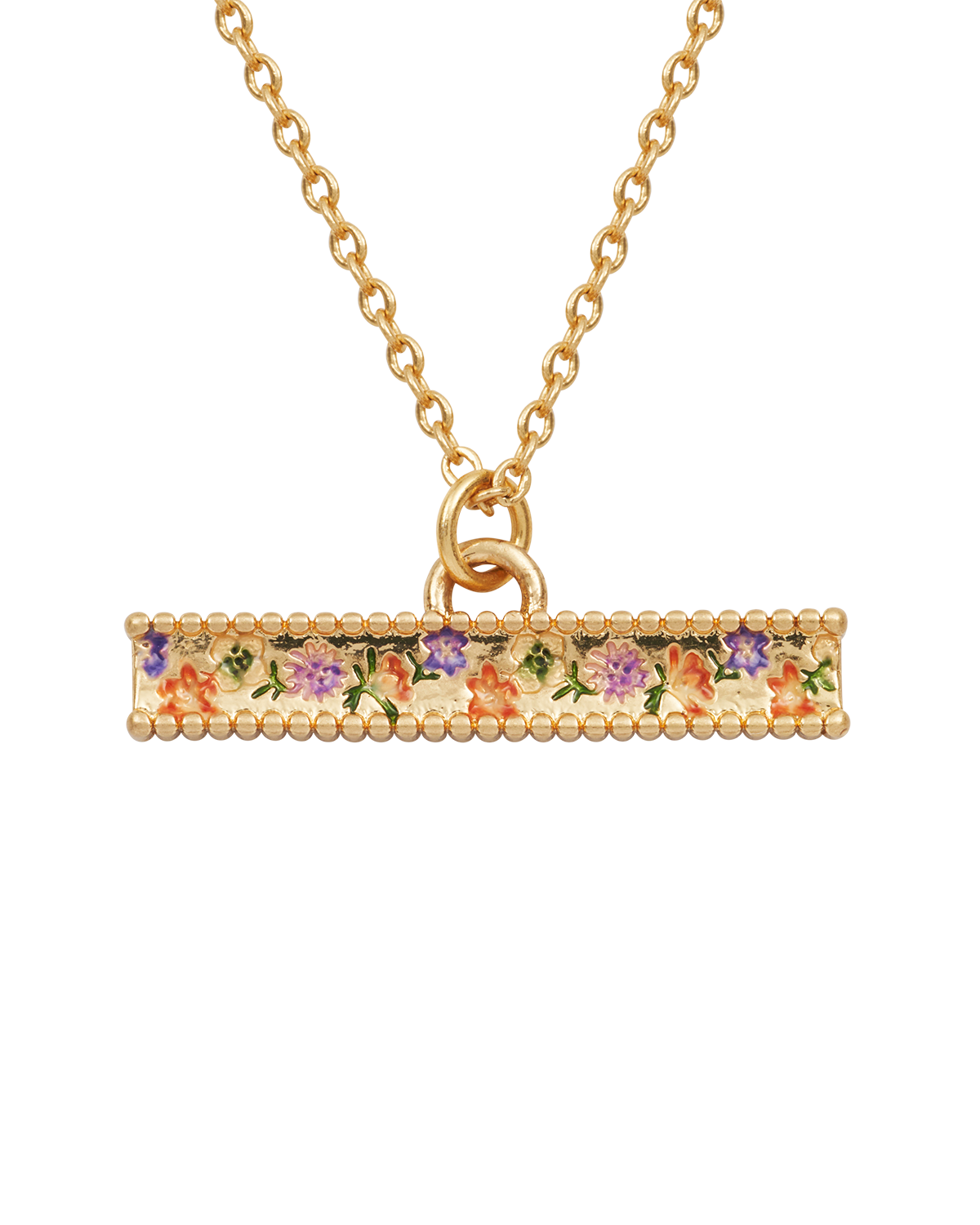 Gold necklace with a floral pendant on a white background
