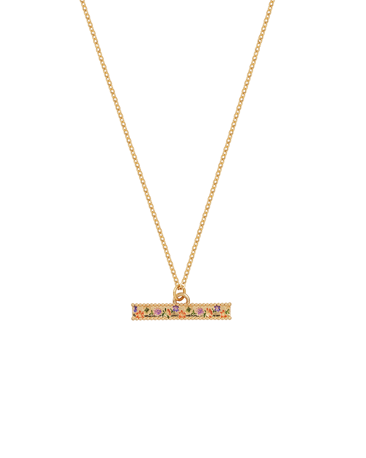 Gold necklace with a floral pendant on a white background