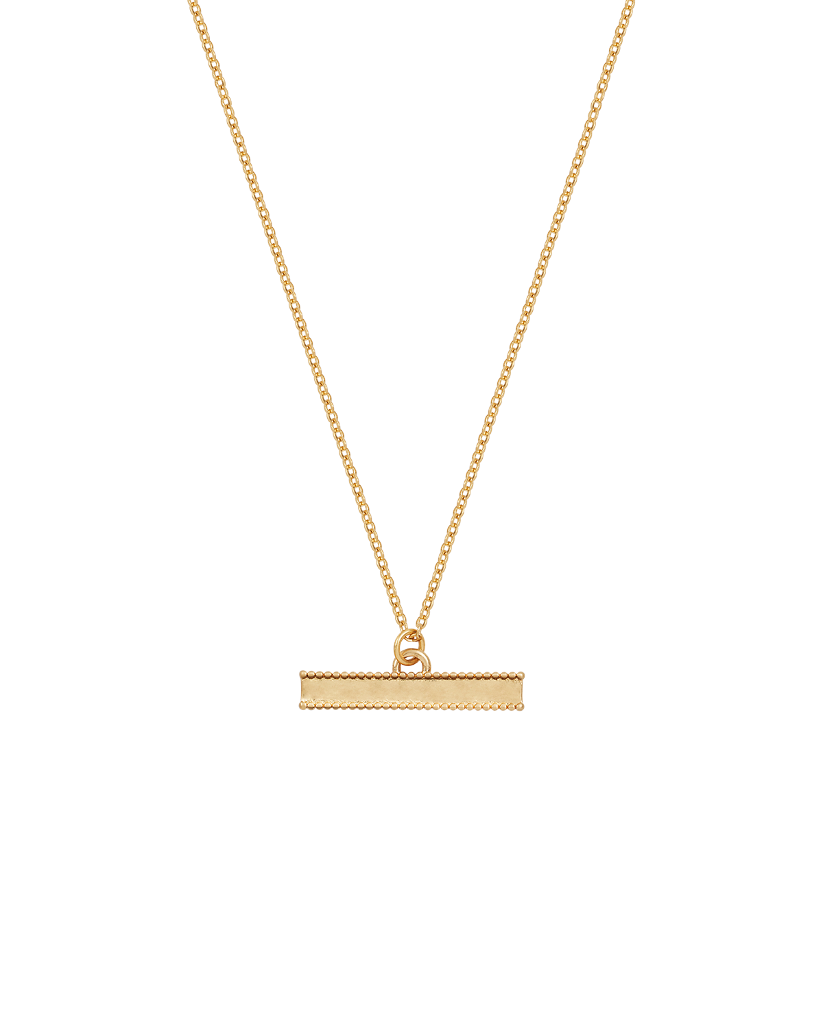 Gold necklace with a bar pendant on a white background