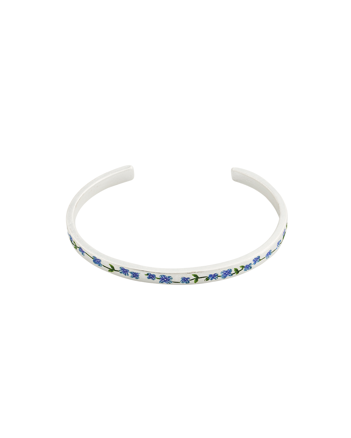 Silver bangle with blue forget me not floral pattern on a white background