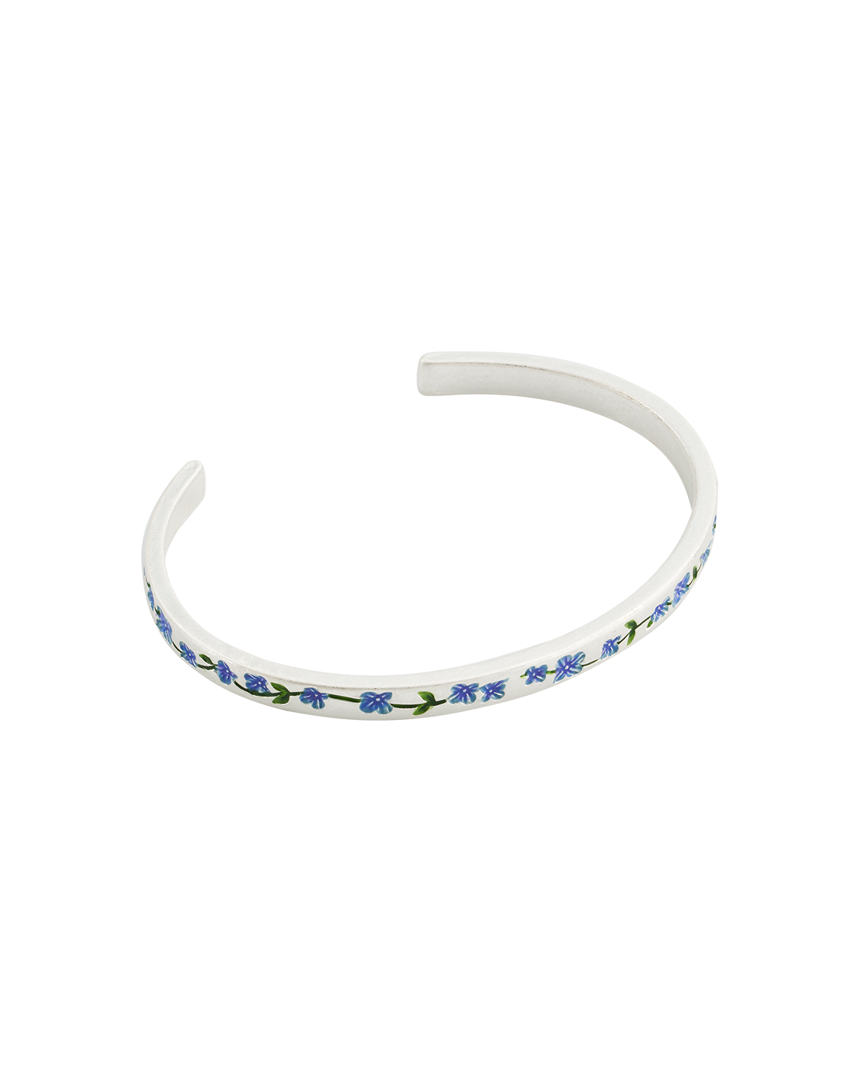 Silver bangle with blue forget me not floral pattern on a white background