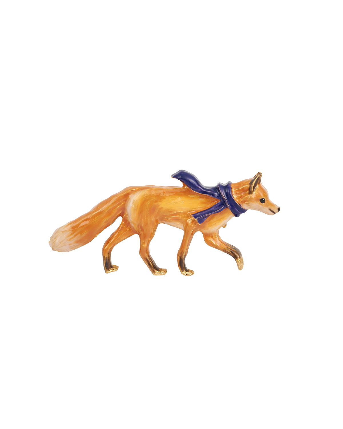 Fox enamel brooch with a blue cosy scarf on a white background