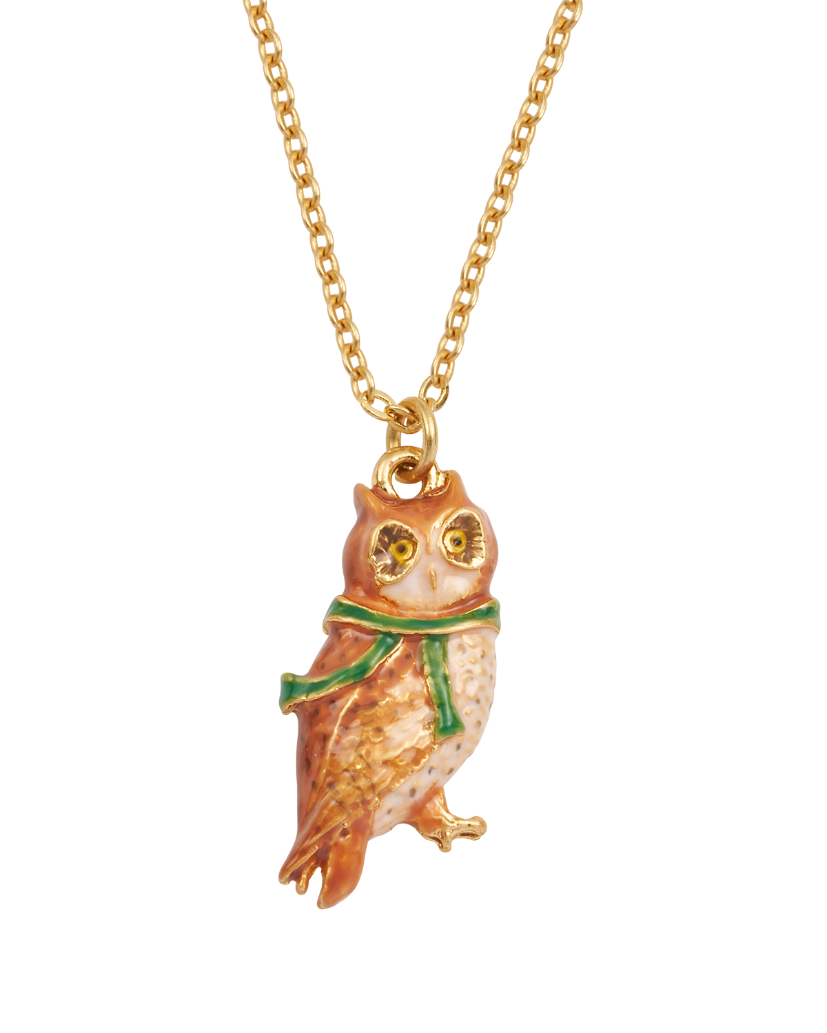 Gold owl pendant necklace on a white background