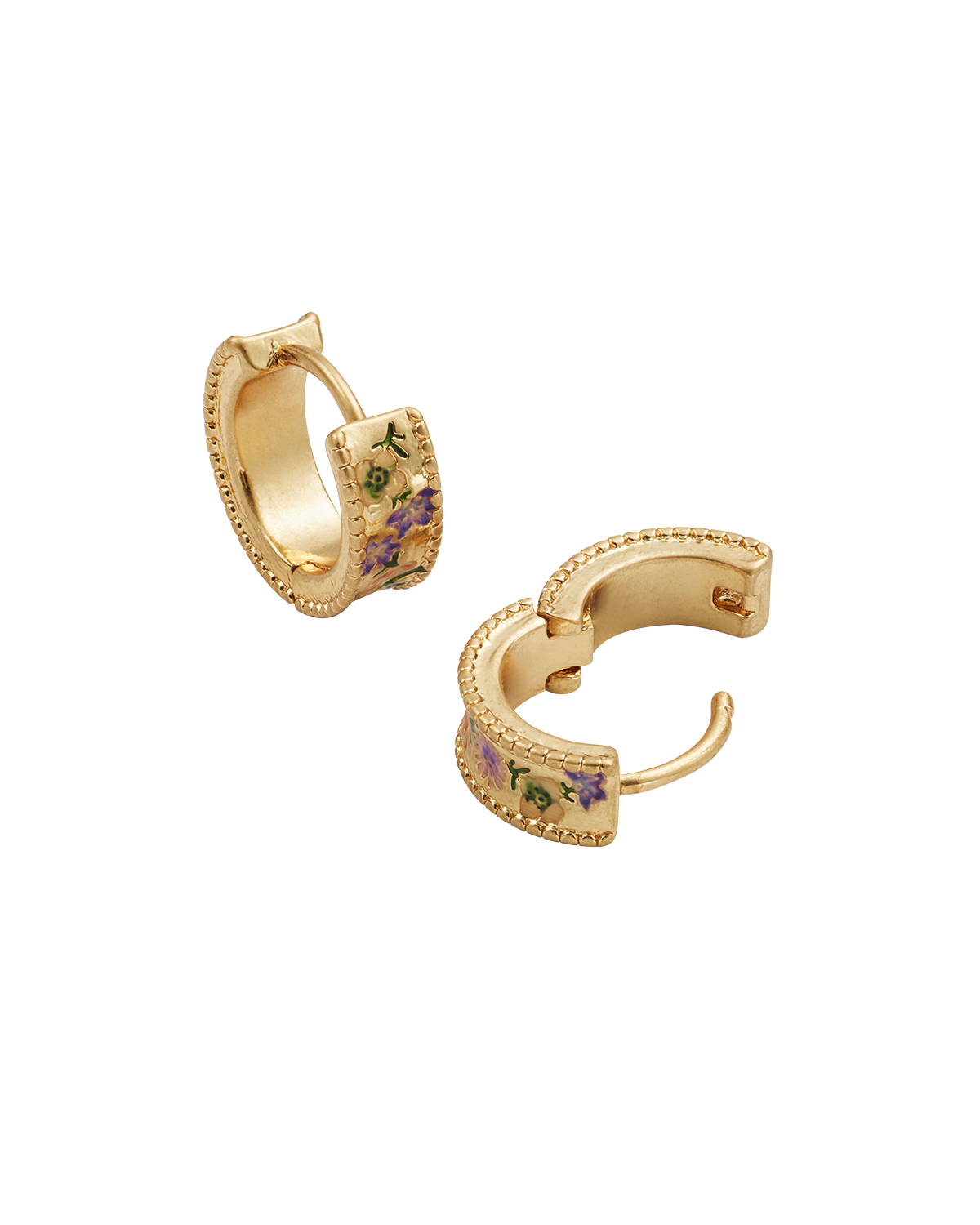 Gold hoop earrings with embedded stones on a white background