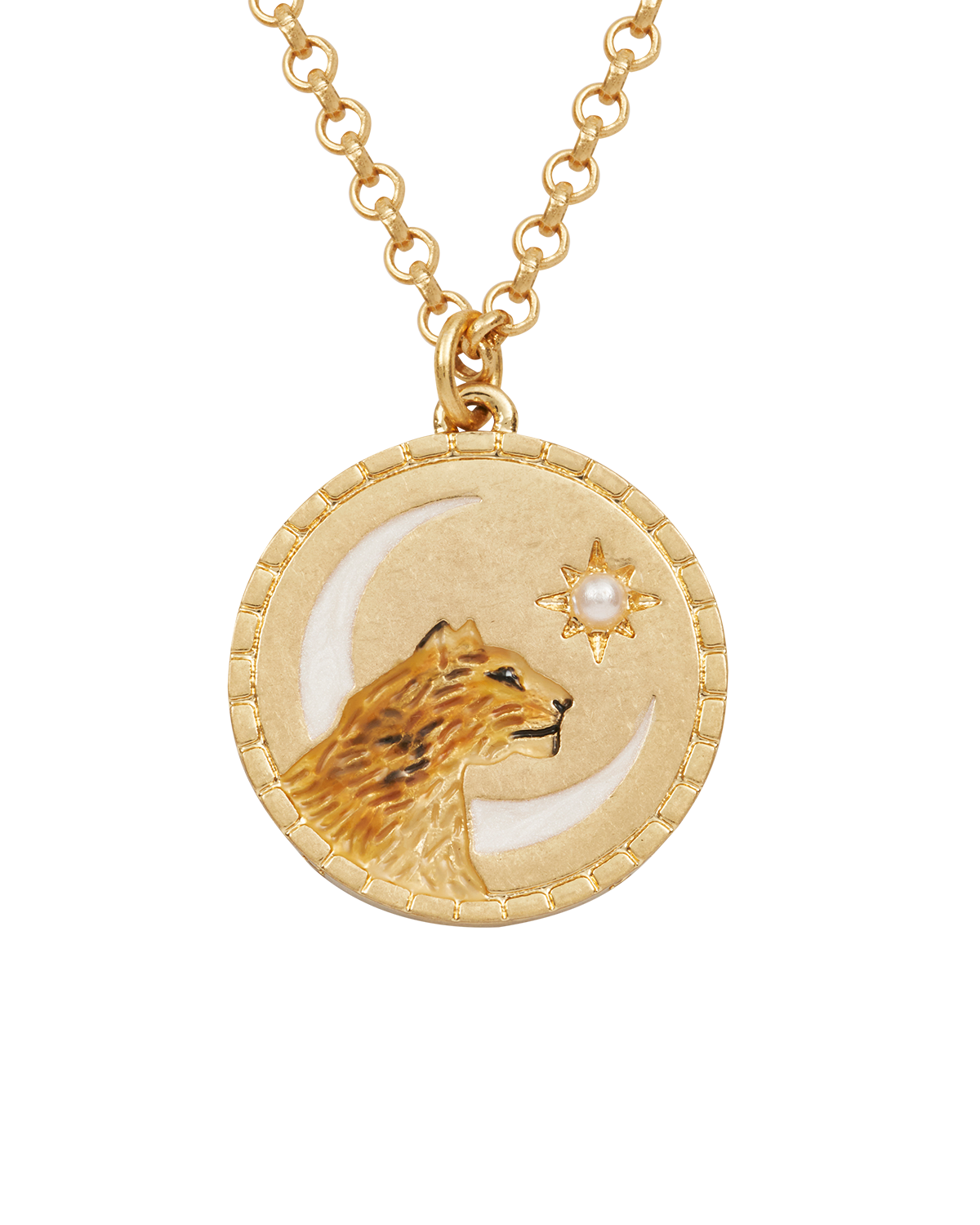 Gold necklace with a pendant featuring a lioness head design on a white background