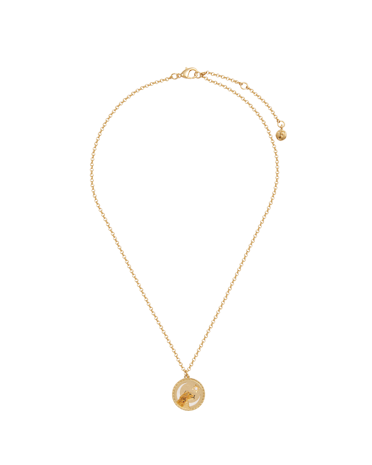 Gold necklace with a round pendant on a white background