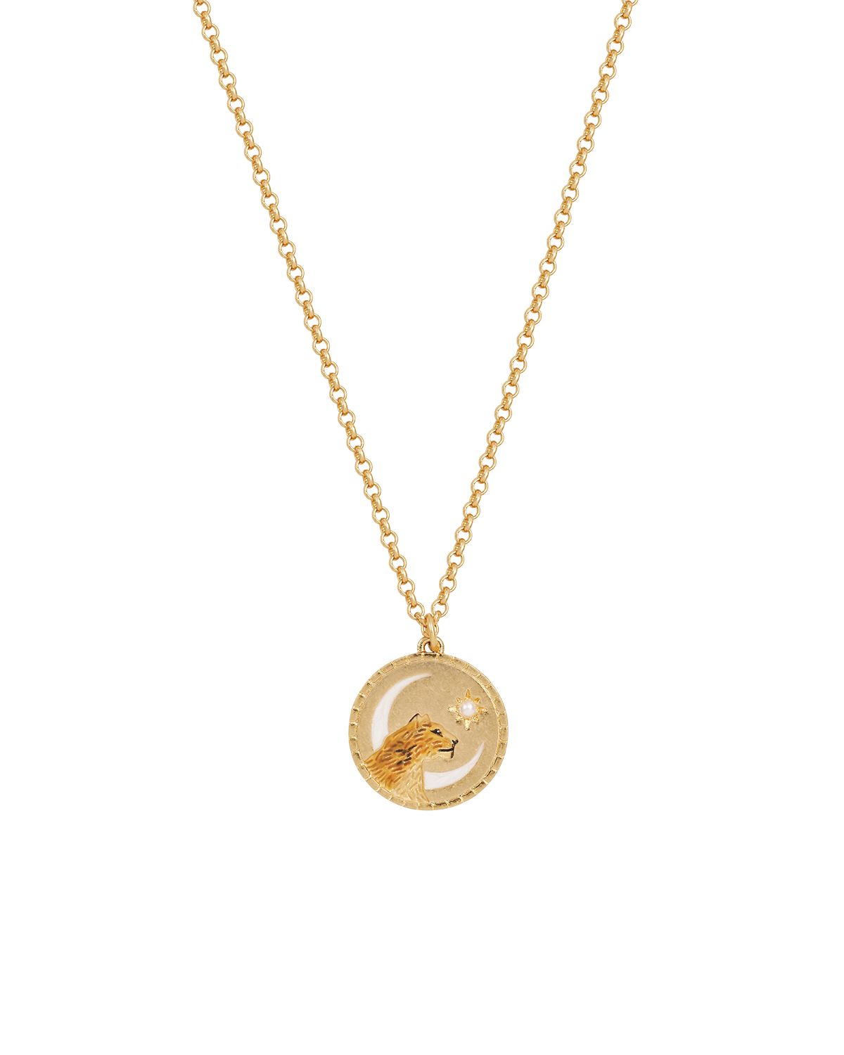Gold necklace with a lioness on a round pendant on a white background