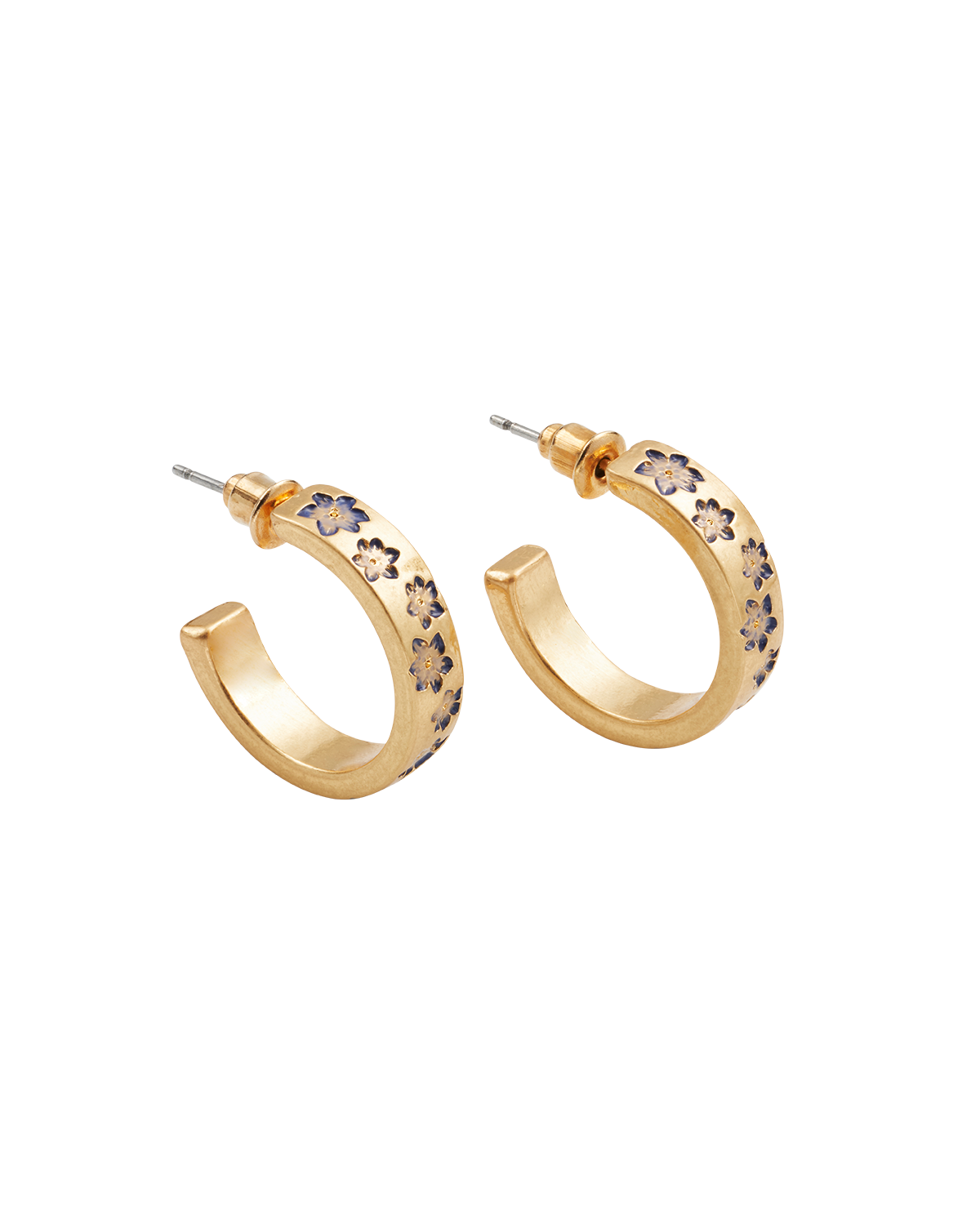 Gold hoop earrings with enamel flowers on a white background