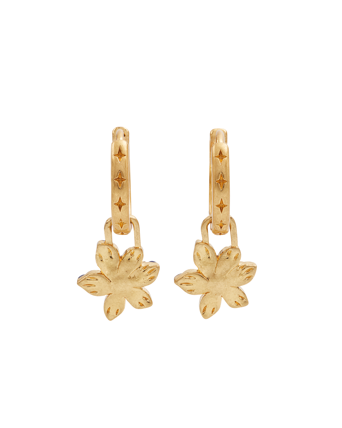 Gold hoop earrings with floral charms on a white background