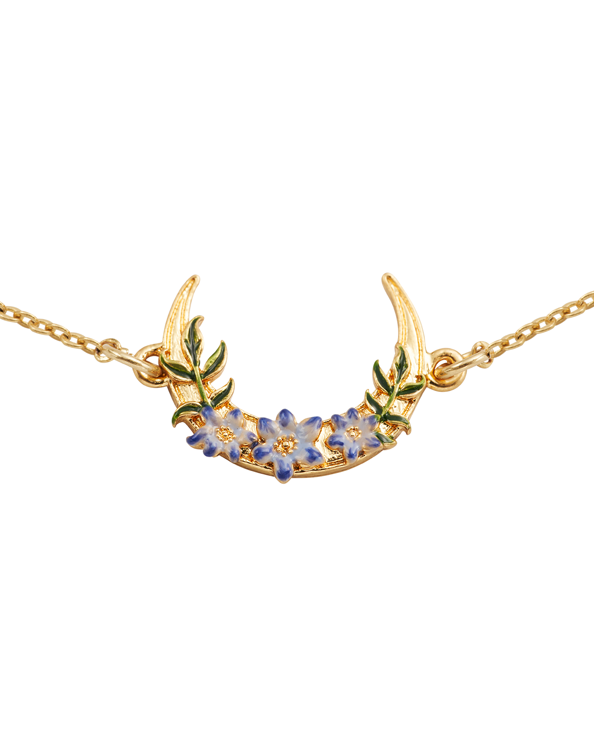 Gold bracelet with floral moon design on a white background