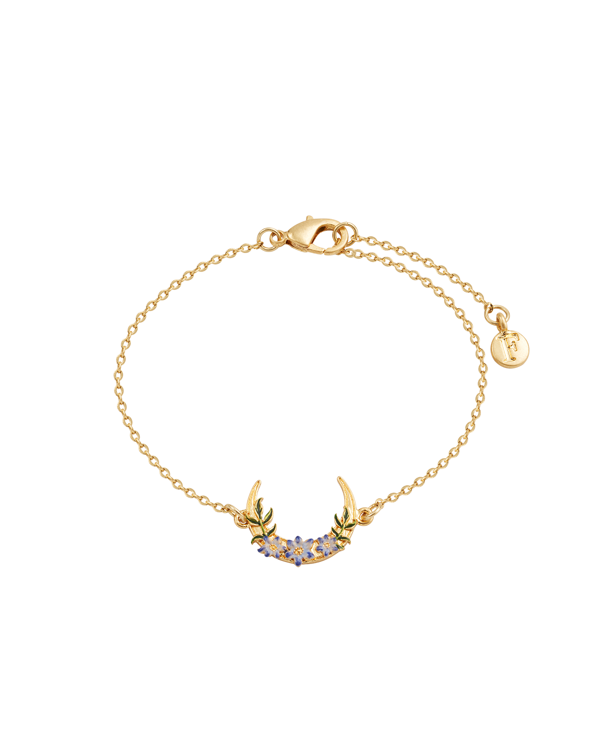 Gold bracelet with a floral moon pendant on a white background
