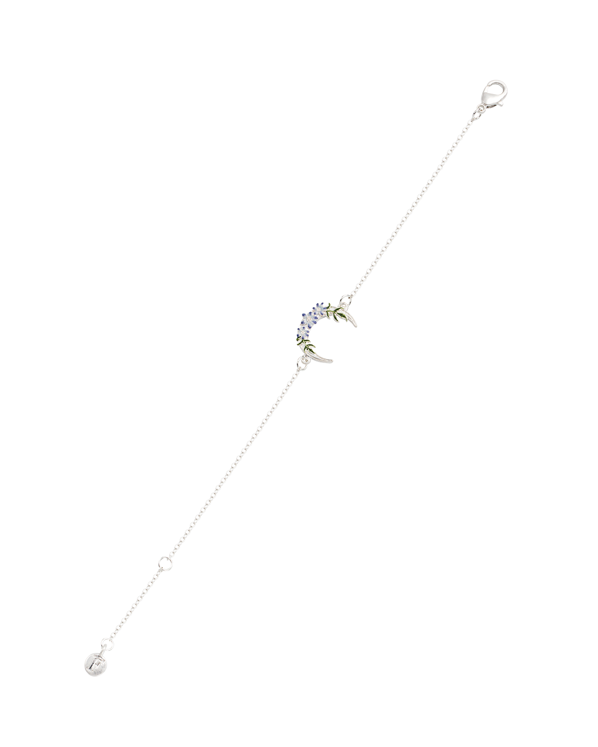 Delicate silver bracelet with afloral moon design pendant on a white background
