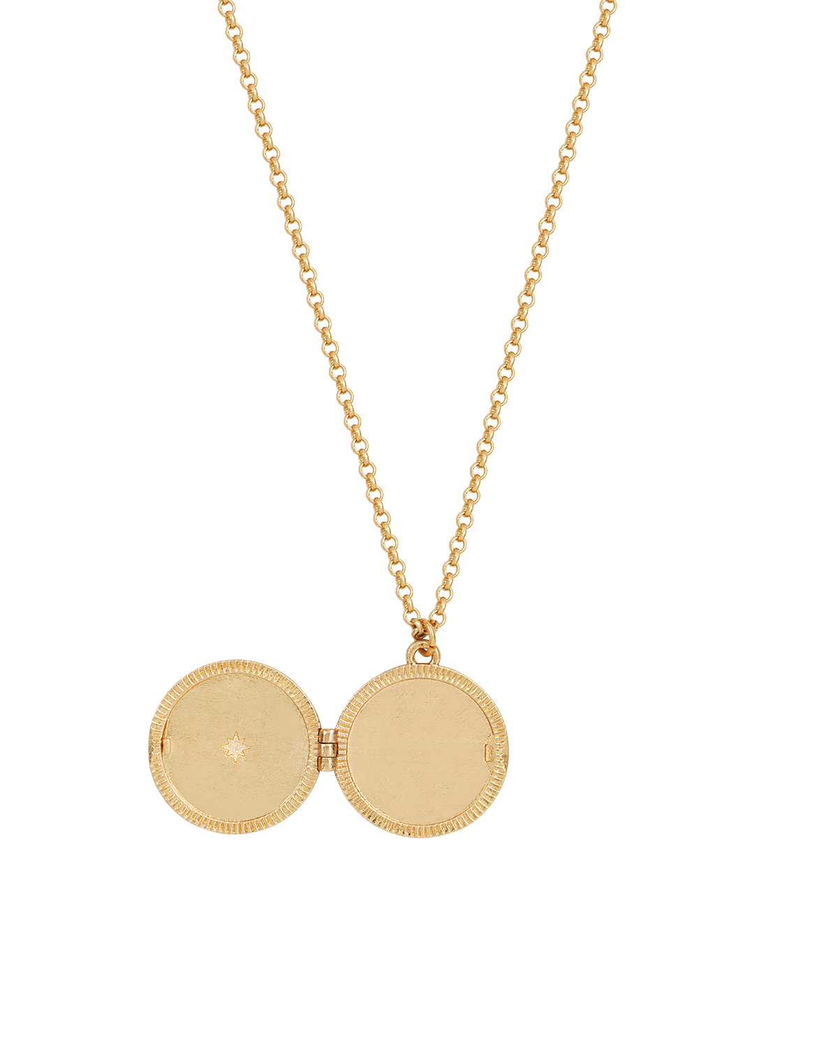 Gold necklace with a round pendant locket on a white background