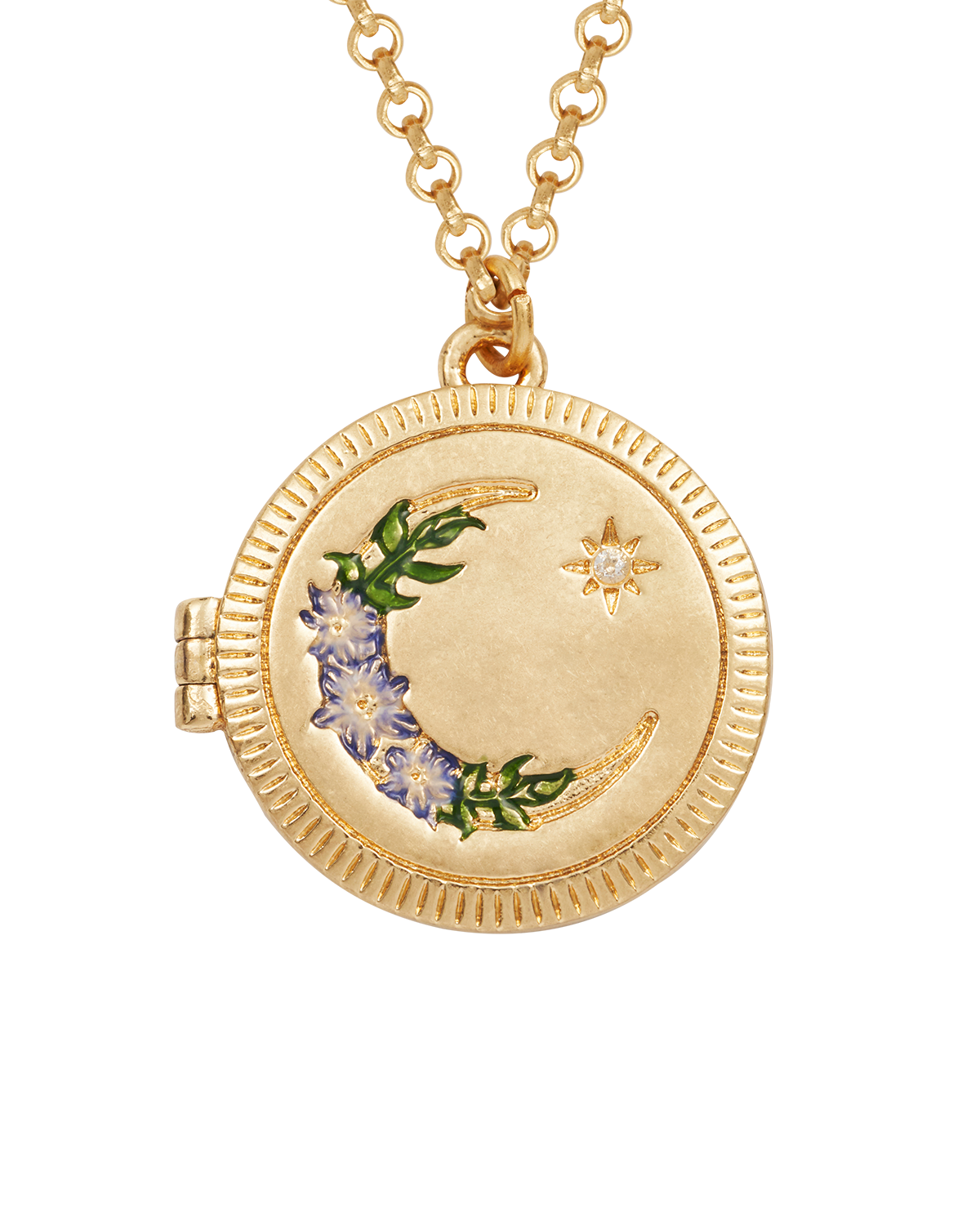 Gold locket necklace with floral moon design on a white background