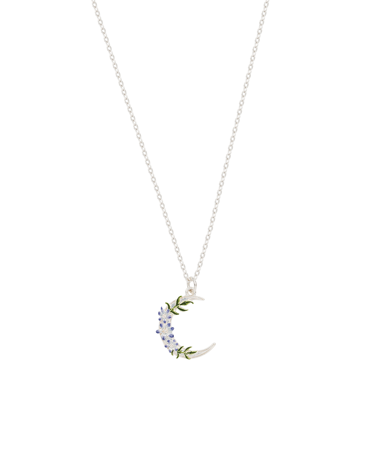 Silver necklace with a floral moon pendant on a white background