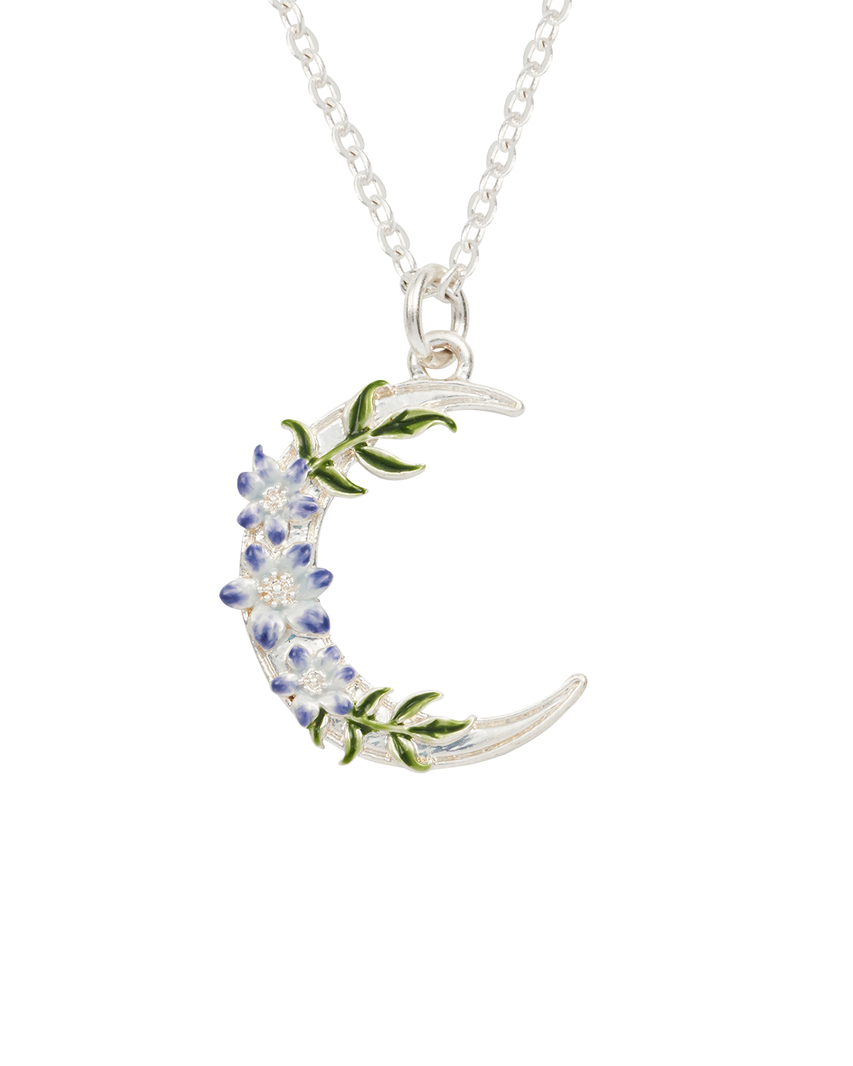 Silver necklace with a crescent moon and floral pendant on a white background
