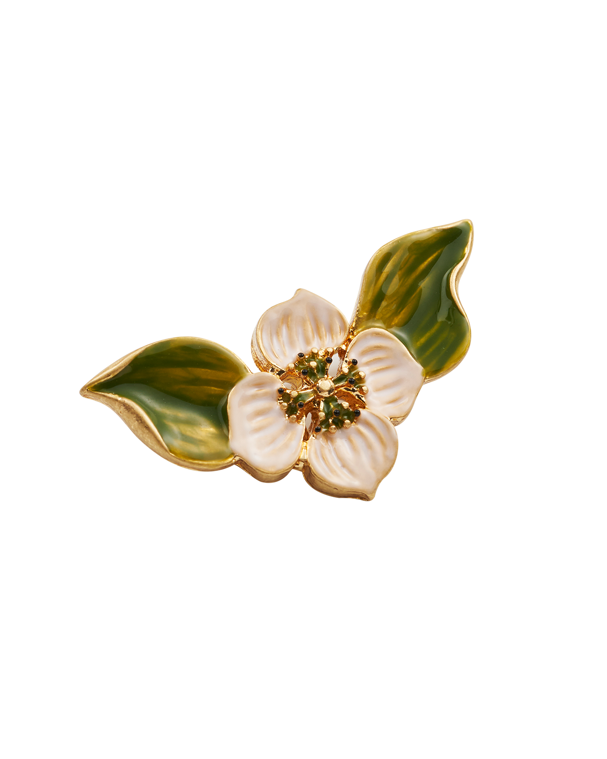 Floral brooch with green leaves on a white background