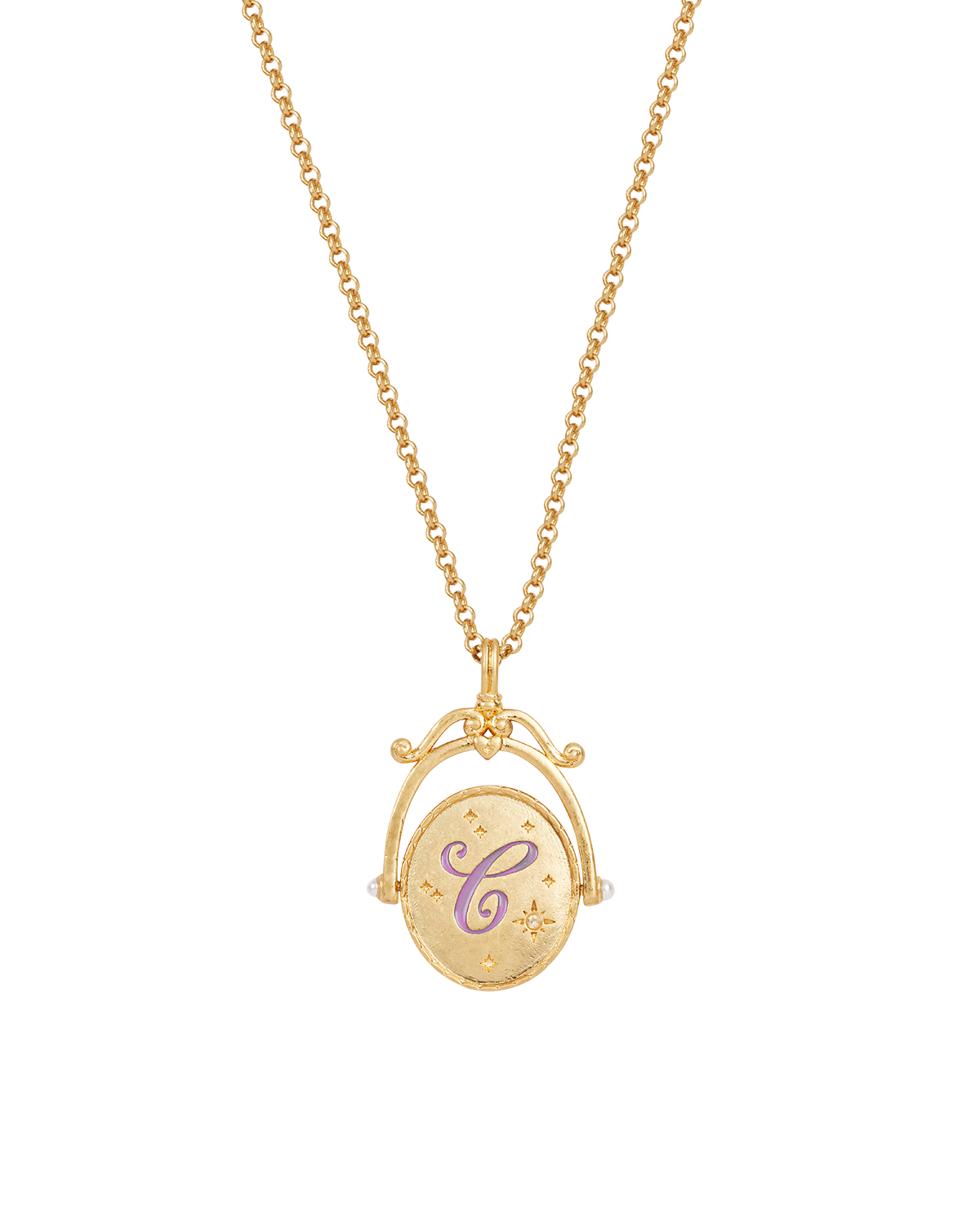 Gold necklace with a pendant featuring the letter 'C' on a white background