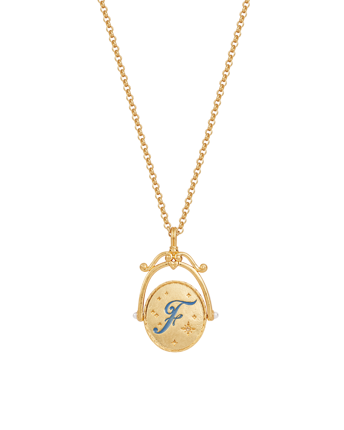 Collar giratorio dorado con inicial F y flor de Nomeolvides