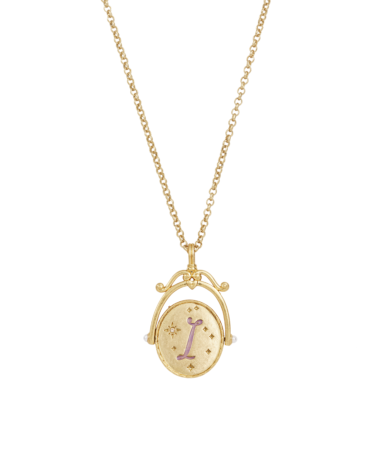 Collar giratorio dorado con inicial “I” y flor de iris