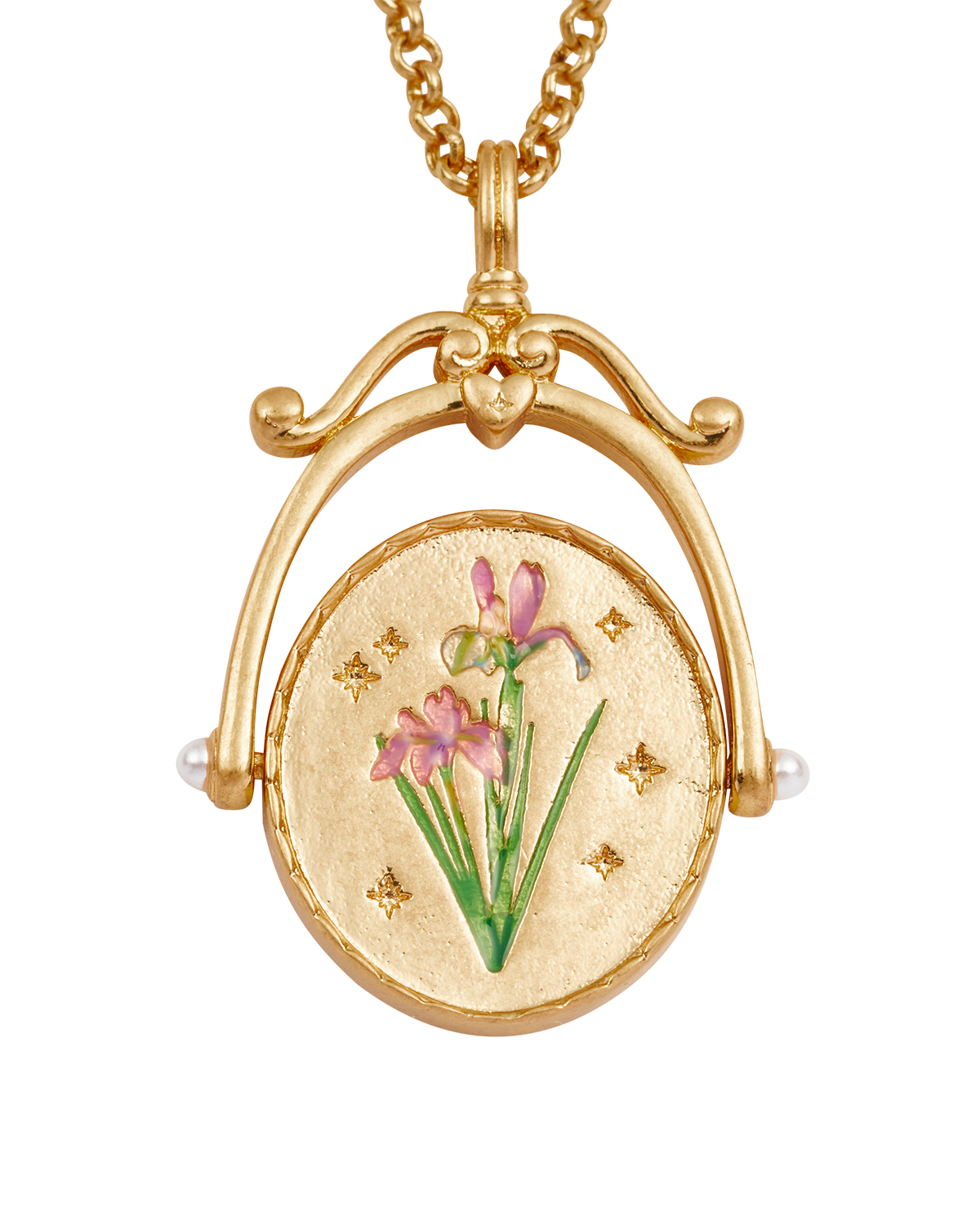 Collar giratorio dorado con inicial “I” y flor de iris
