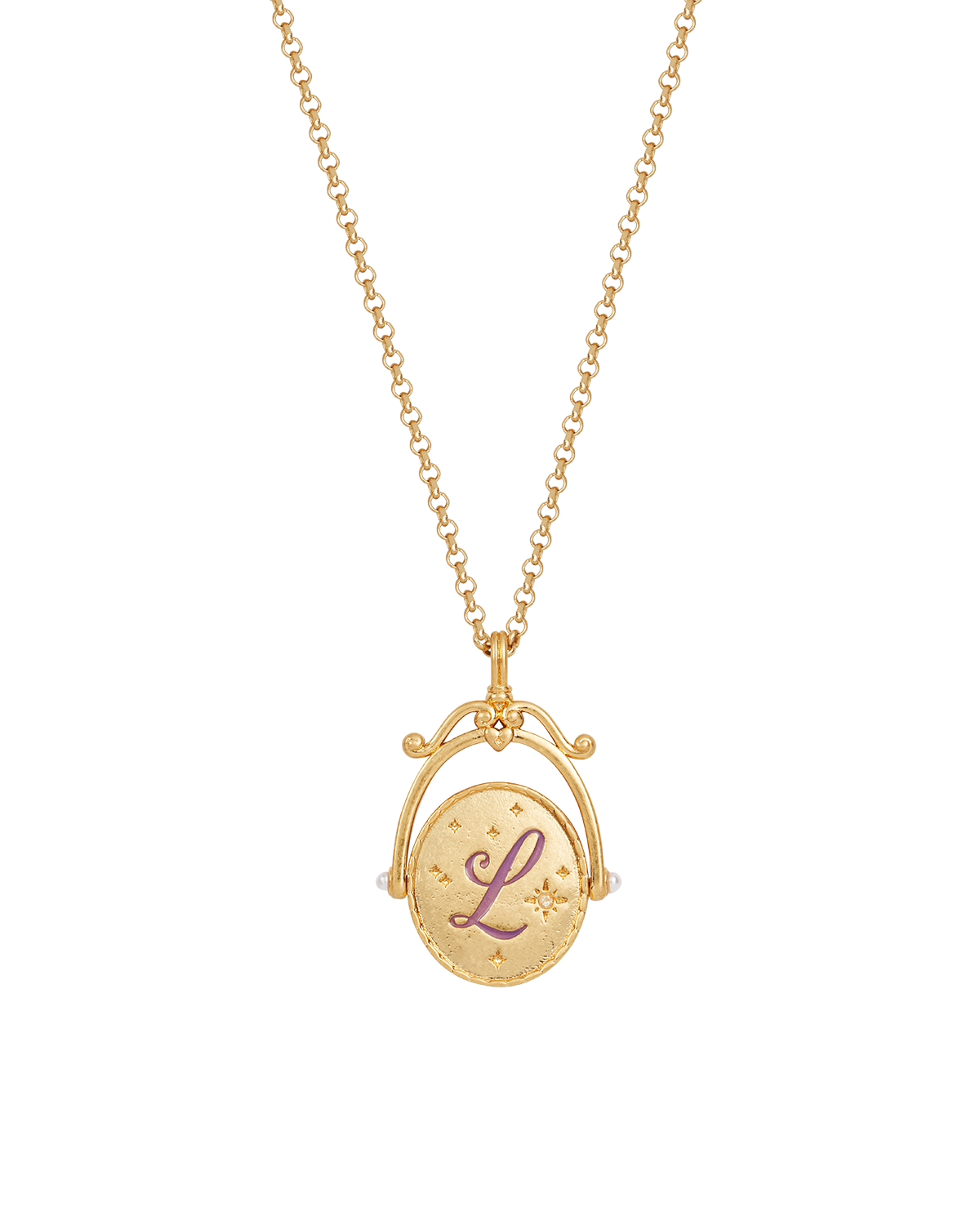 Collar giratorio dorado con inicial L flor lavanda