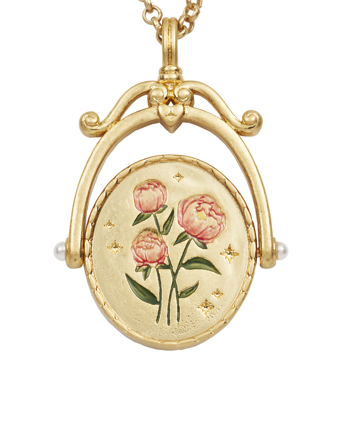 Collar giratorio dorado con inicial P y flor de peonía