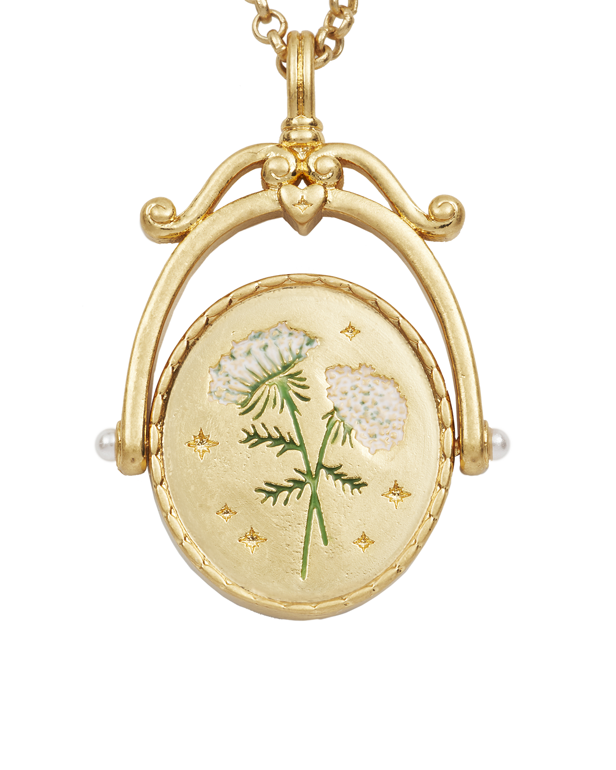 Collar giratorio dorado con inicial Q y flor Queen Anne’s Lace