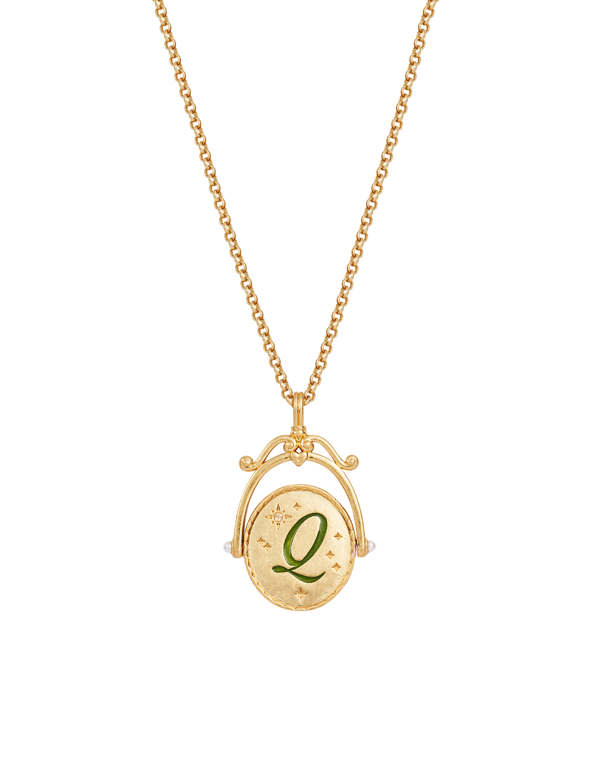 Collar giratorio dorado con inicial Q y flor Queen Anne’s Lace