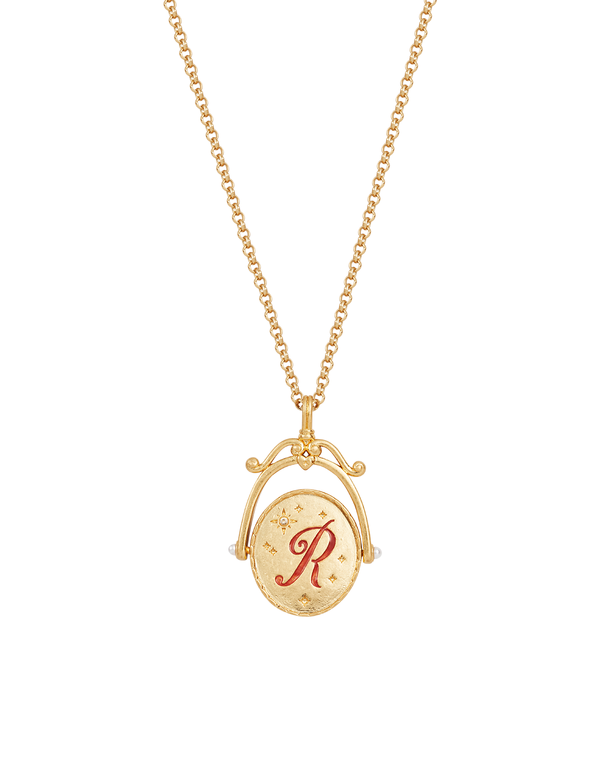Collar giratorio dorado con inicial R y flor de rosa