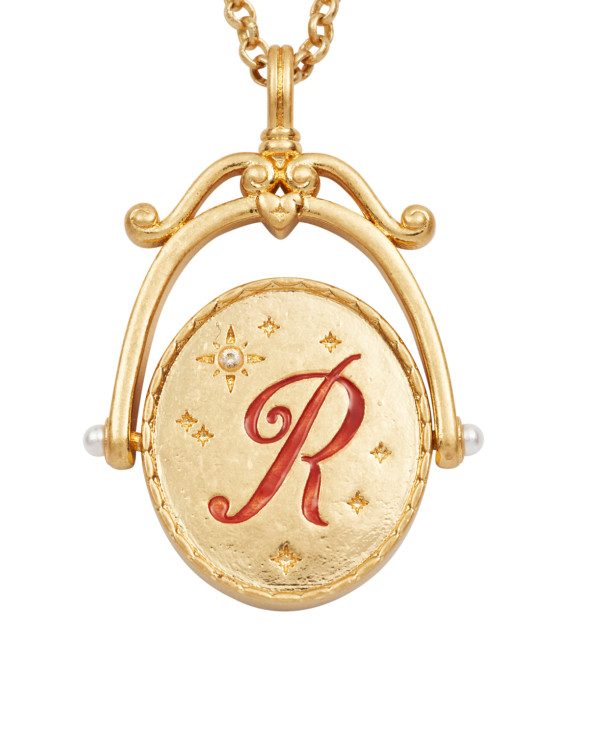 Collar giratorio dorado con inicial R y flor de rosa