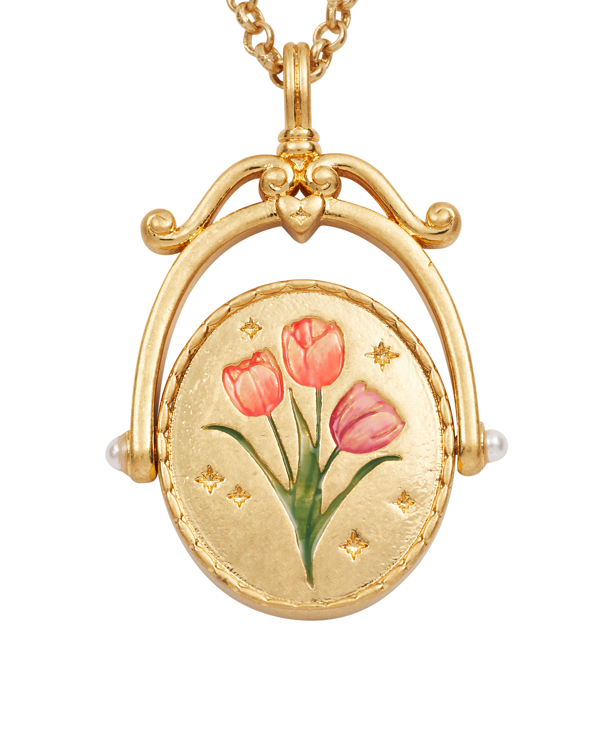 Collar giratorio dorado con inicial T y flor de tulipán