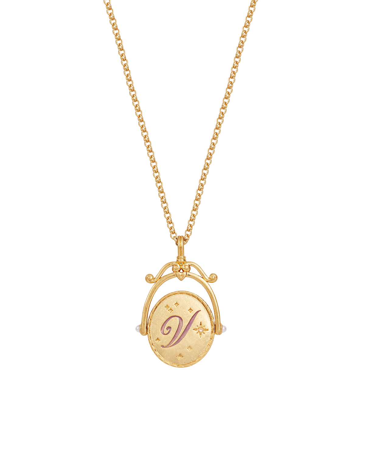 Collar giratorio dorado con inicial V y flor violeta