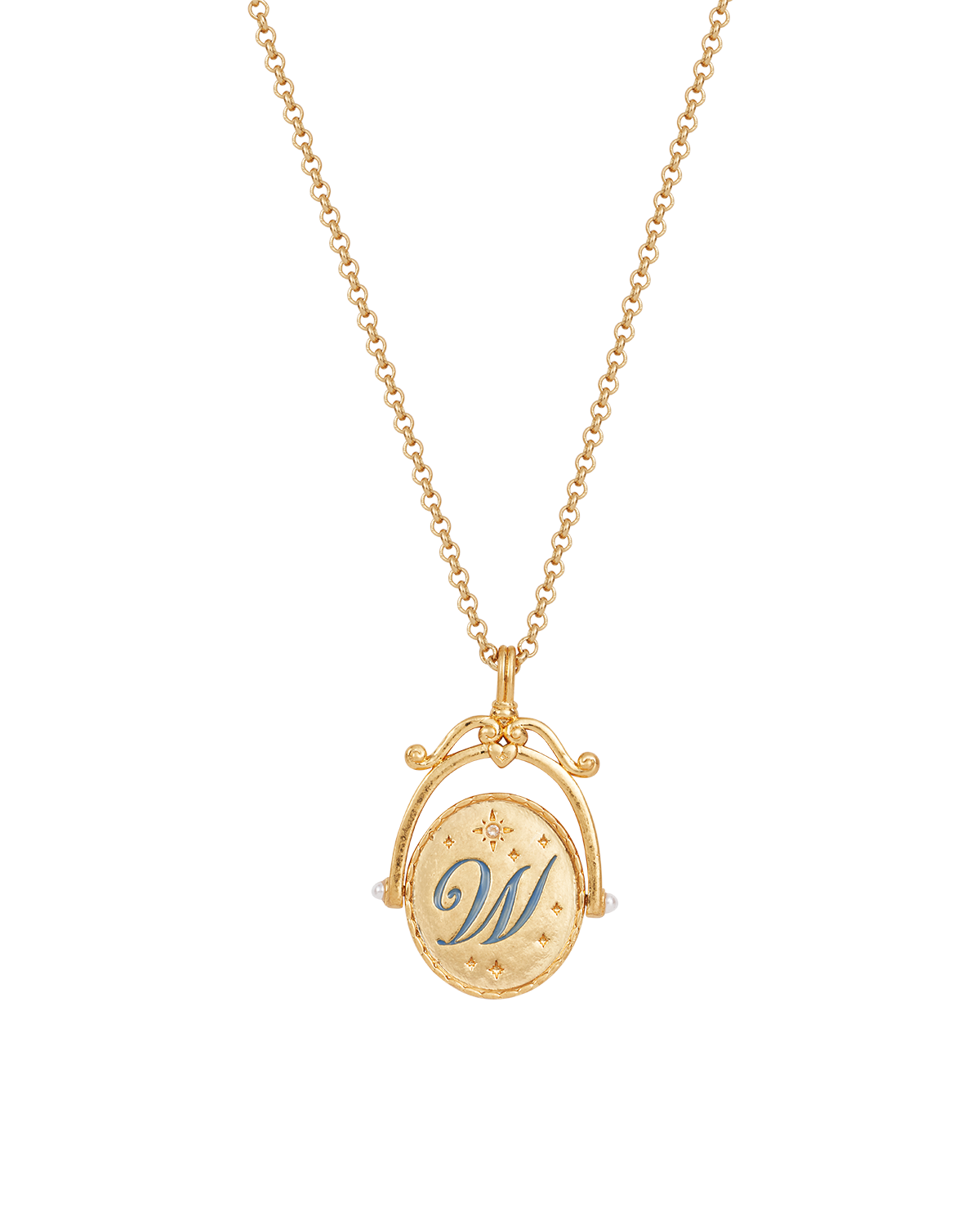Collar giratorio dorado con inicial W y lirio de agua