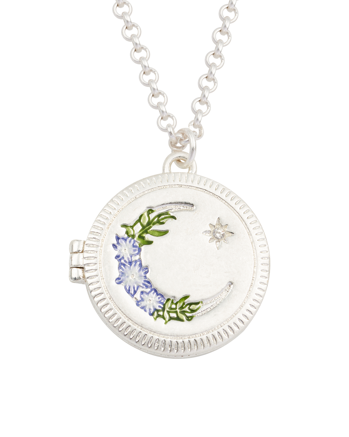 Silver locket necklace with floral moon designs on a white background