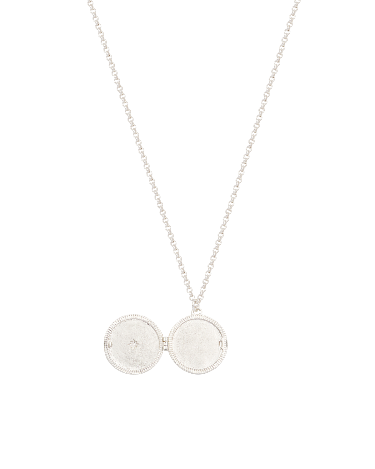 Silver necklace with a round locket pendant necklace on a white background